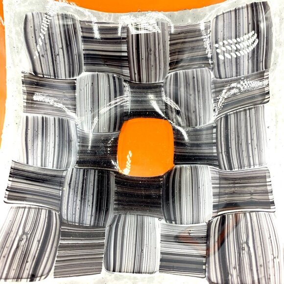 Fused Art Glass Bowl Candy Trinket Dish Black Orange 7 x 7" Unsigned - Picture 3 of 8